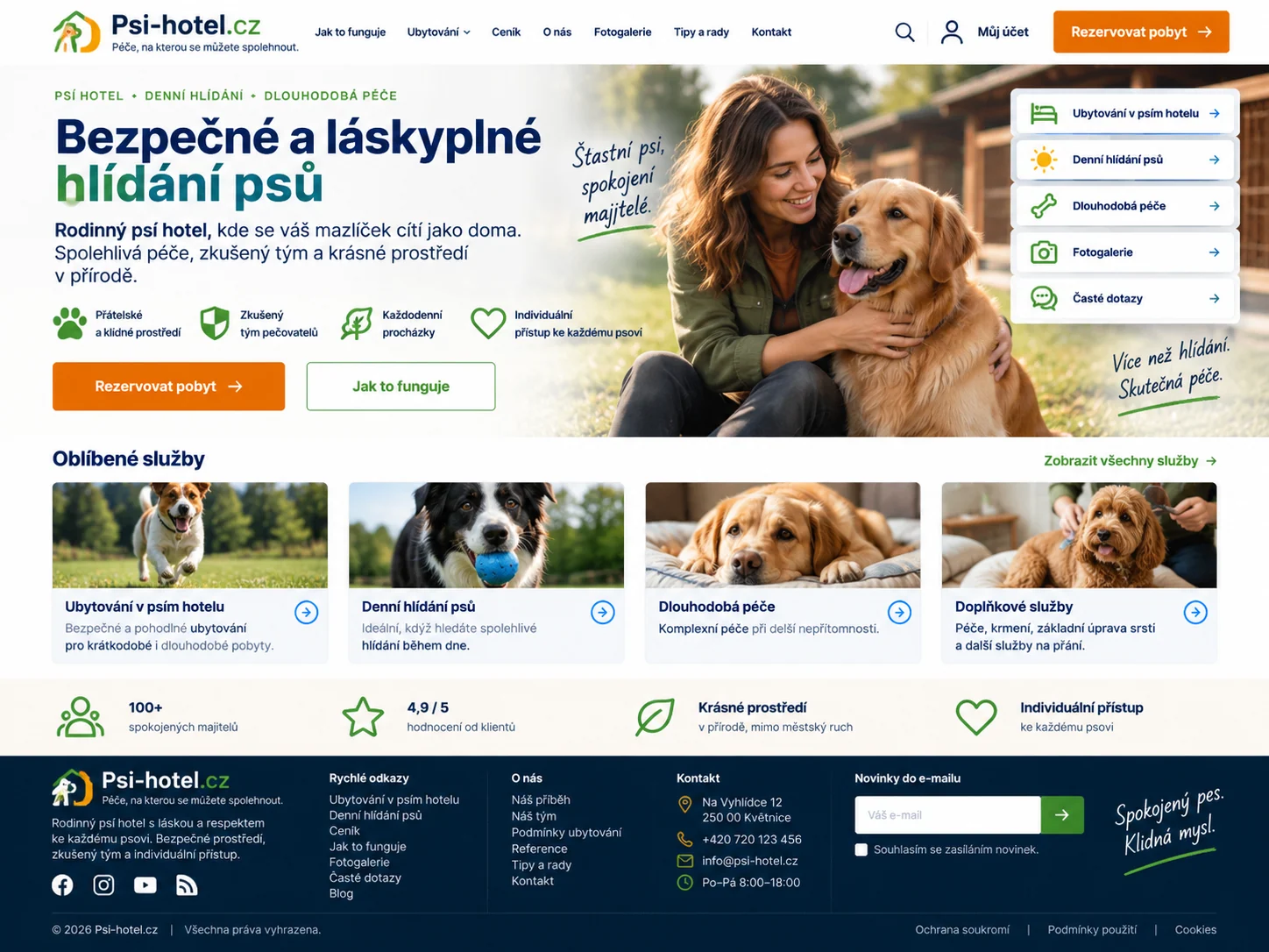 Ilustrační návrh modro-oranžového webu psího hotelu se psy a rezervačním panelem